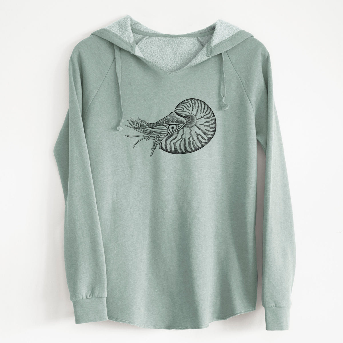 Sage green women's Cali Wave hooded sweatshirt laid flat, printed with a detailed black ink illustration of a chambered nautilus with its striped spiral shell and tentacles.