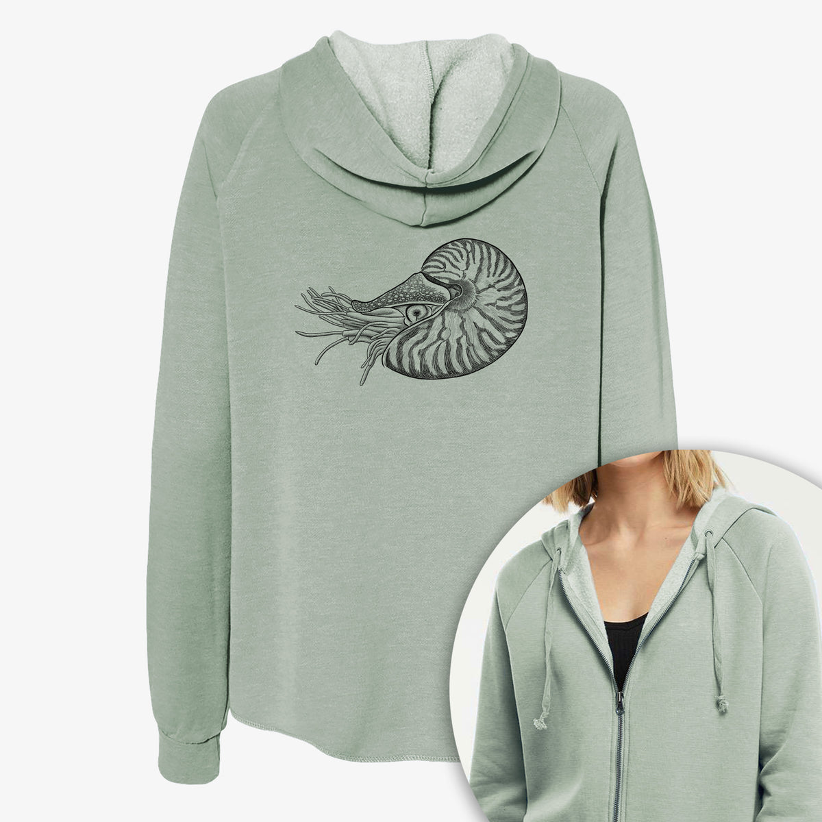 Women's Cali Wave zip-up sweatshirt printed with a detailed black ink illustration of a chambered nautilus with its striped spiral shell and tentacles, with a close-up of the zipper.