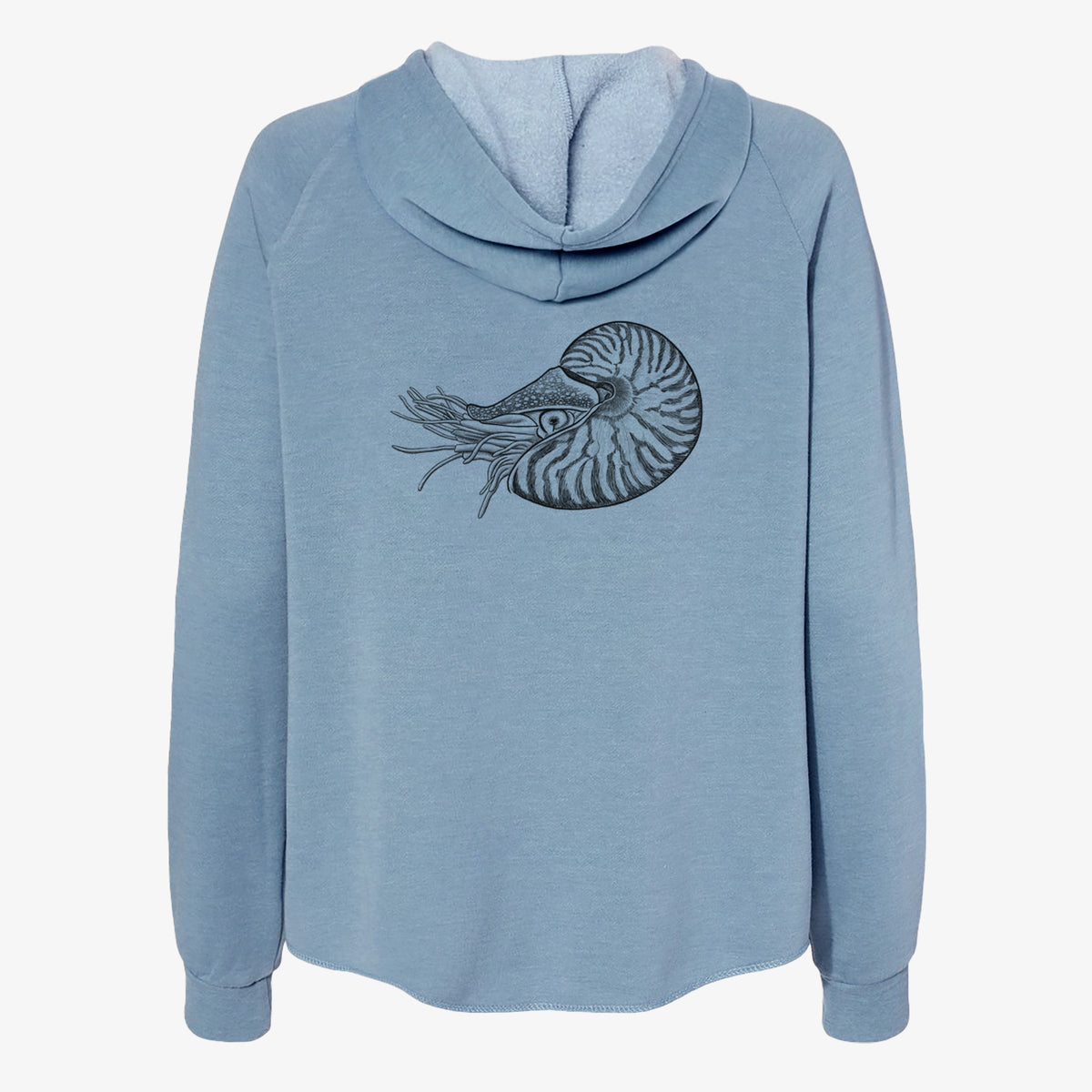 Misty blue women's Cali Wave zip-up sweatshirt laid flat, printed with a detailed black ink illustration of a chambered nautilus with its striped spiral shell and tentacles.