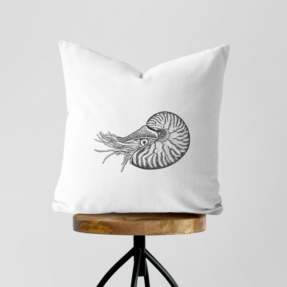 White pillow cover printed with a detailed black ink illustration of a chambered nautilus with its striped spiral shell and tentacles, on a wooden stool.