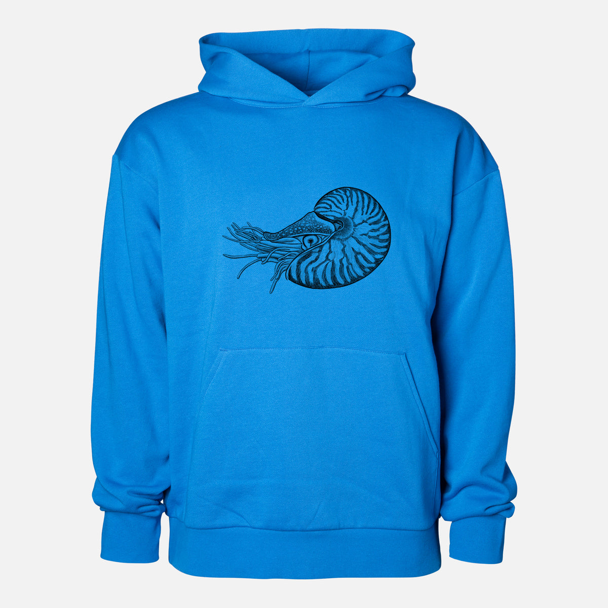 Palau Nautilus - Nautilus belauensis - Statement Midweight Hoodie in Azure Blue, shown from the front with the design printed on the chest above a front kangaroo pocket.