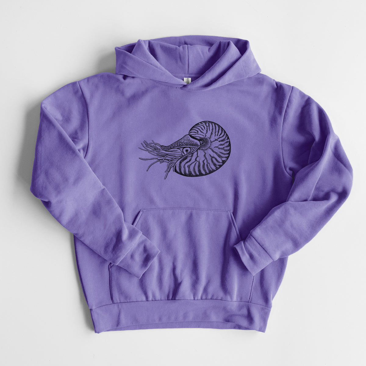 Palau Nautilus - Nautilus belauensis - Statement Midweight Hoodie in Violet, laid flat, showing the oversized boxy fit and front kangaroo pocket.