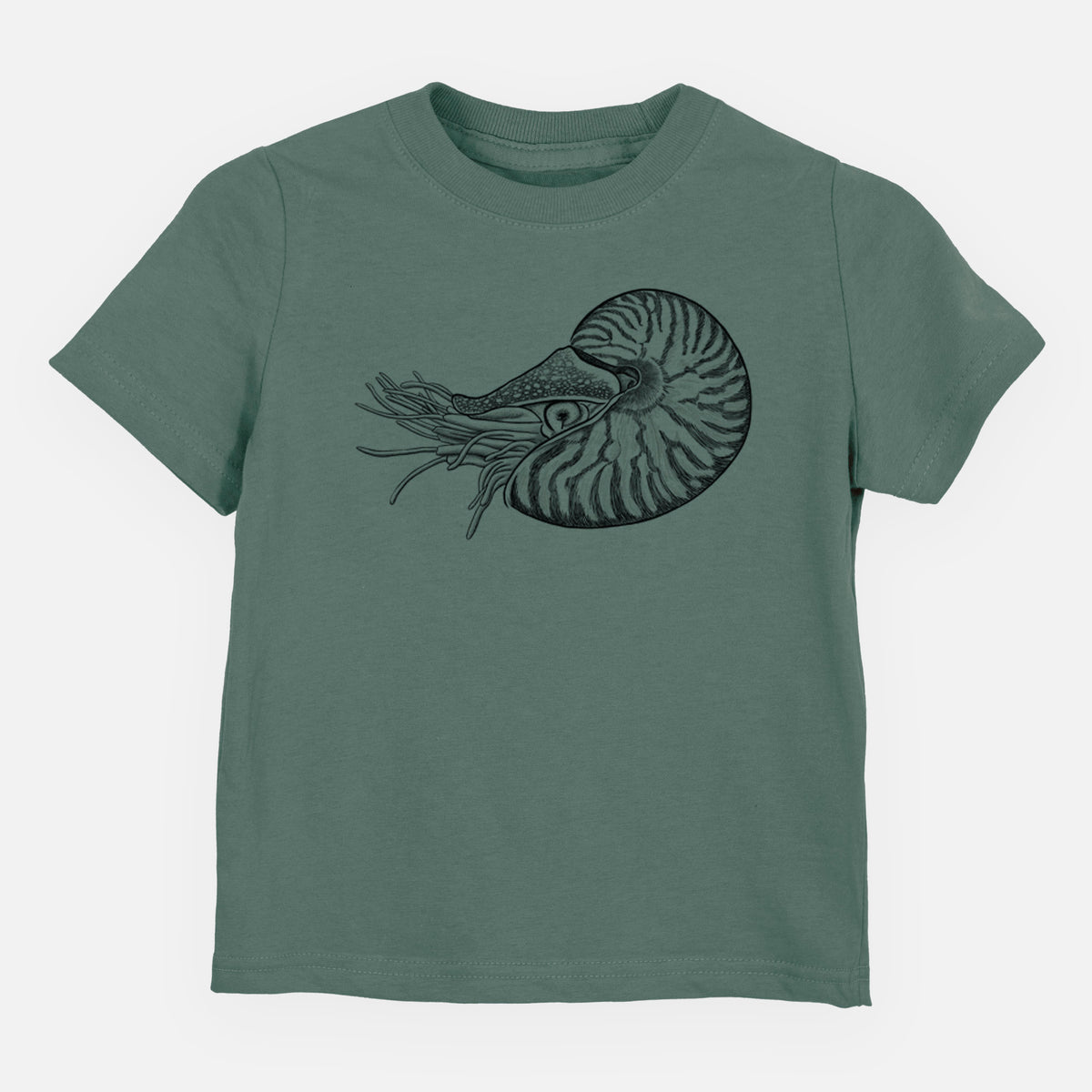 Basil green toddler t-shirt laid flat, printed with a detailed black ink illustration of a chambered nautilus with its striped spiral shell and tentacles.