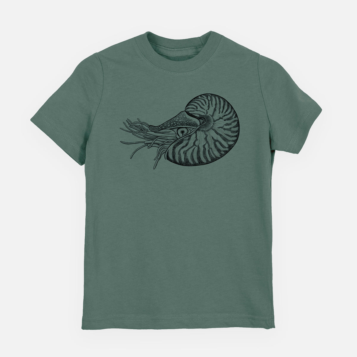 Basil green youth t-shirt laid flat, printed with a detailed black ink illustration of a chambered nautilus with its striped spiral shell and tentacles.