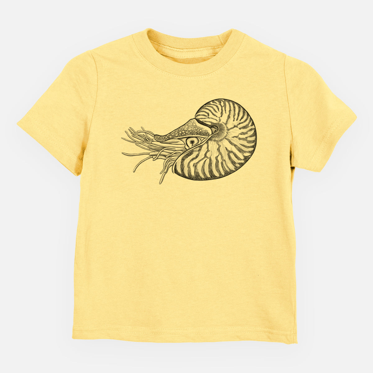 Butter yellow toddler t-shirt laid flat, printed with a detailed black ink illustration of a chambered nautilus with its striped spiral shell and tentacles.