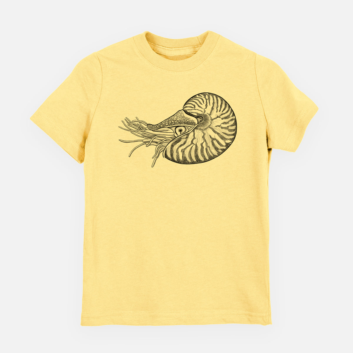 Butter yellow youth t-shirt laid flat, printed with a detailed black ink illustration of a chambered nautilus with its striped spiral shell and tentacles.
