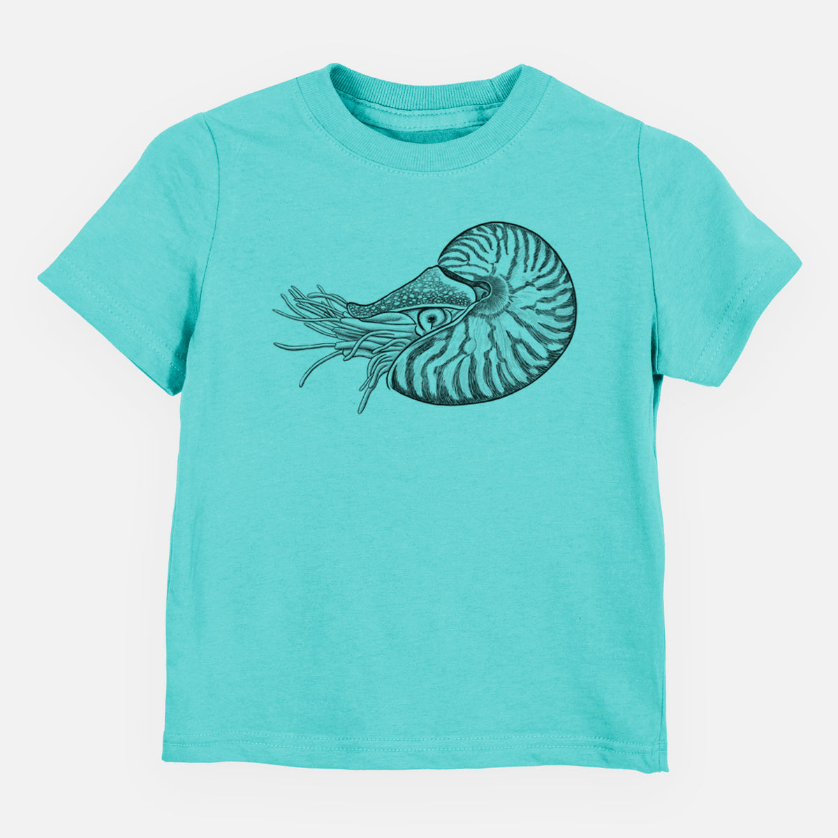 Caribbean blue toddler t-shirt laid flat, printed with a detailed black ink illustration of a chambered nautilus with its striped spiral shell and tentacles.