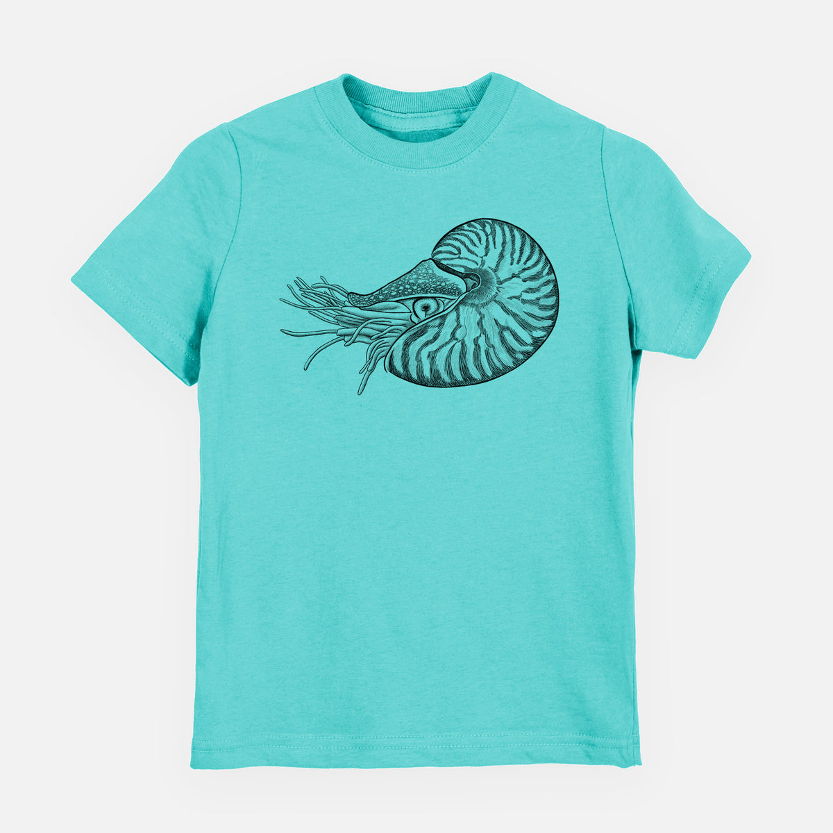 Caribbean blue youth t-shirt laid flat, printed with a detailed black ink illustration of a chambered nautilus with its striped spiral shell and tentacles.