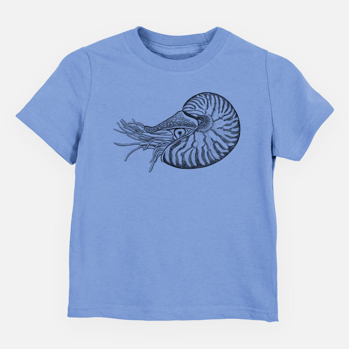 Carolina blue toddler t-shirt laid flat, printed with a detailed black ink illustration of a chambered nautilus with its striped spiral shell and tentacles.