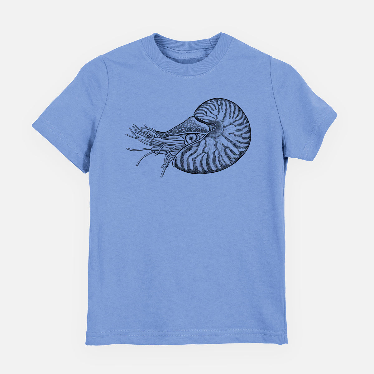 Carolina blue youth t-shirt laid flat, printed with a detailed black ink illustration of a chambered nautilus with its striped spiral shell and tentacles.