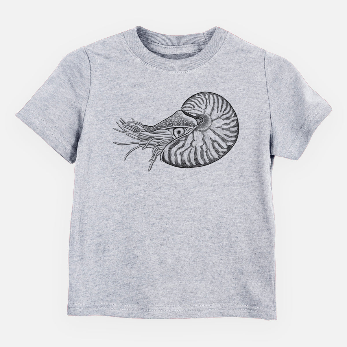 Heather grey toddler t-shirt laid flat, printed with a detailed black ink illustration of a chambered nautilus with its striped spiral shell and tentacles.