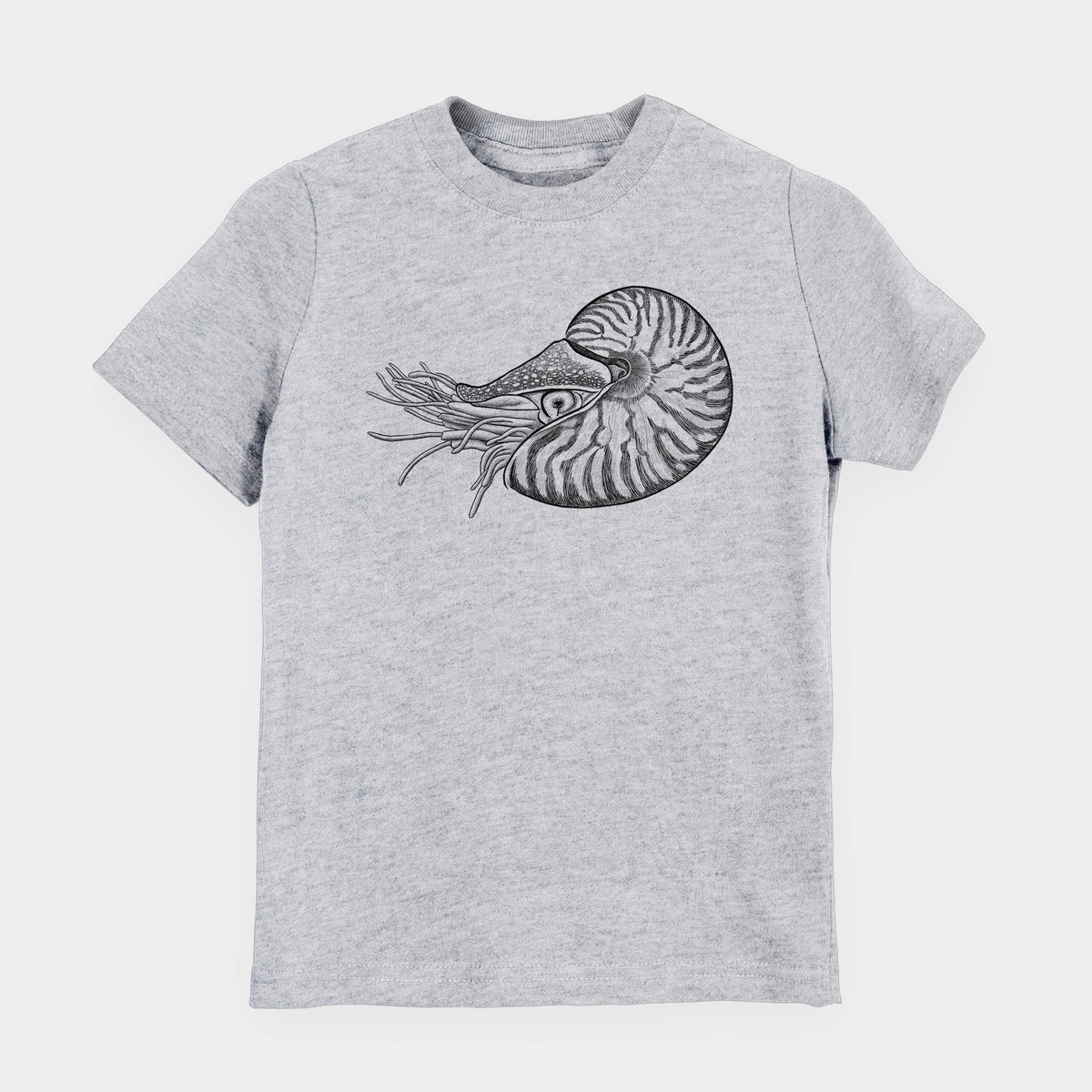 Heather grey youth t-shirt laid flat, printed with a detailed black ink illustration of a chambered nautilus with its striped spiral shell and tentacles.
