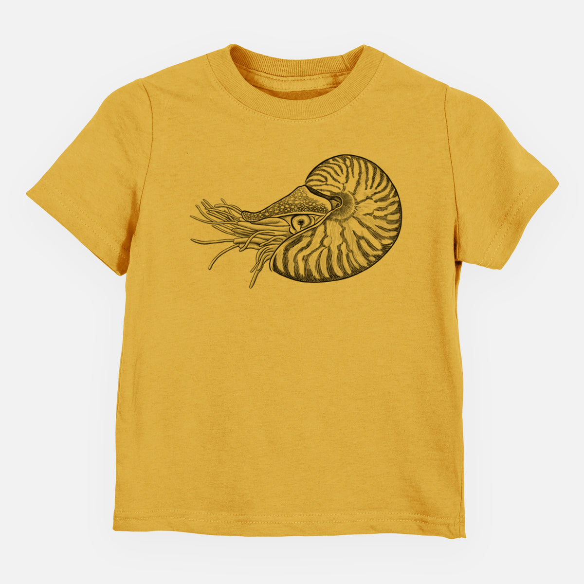 Honeycomb yellow toddler t-shirt laid flat, printed with a detailed black ink illustration of a chambered nautilus with its striped spiral shell and tentacles.
