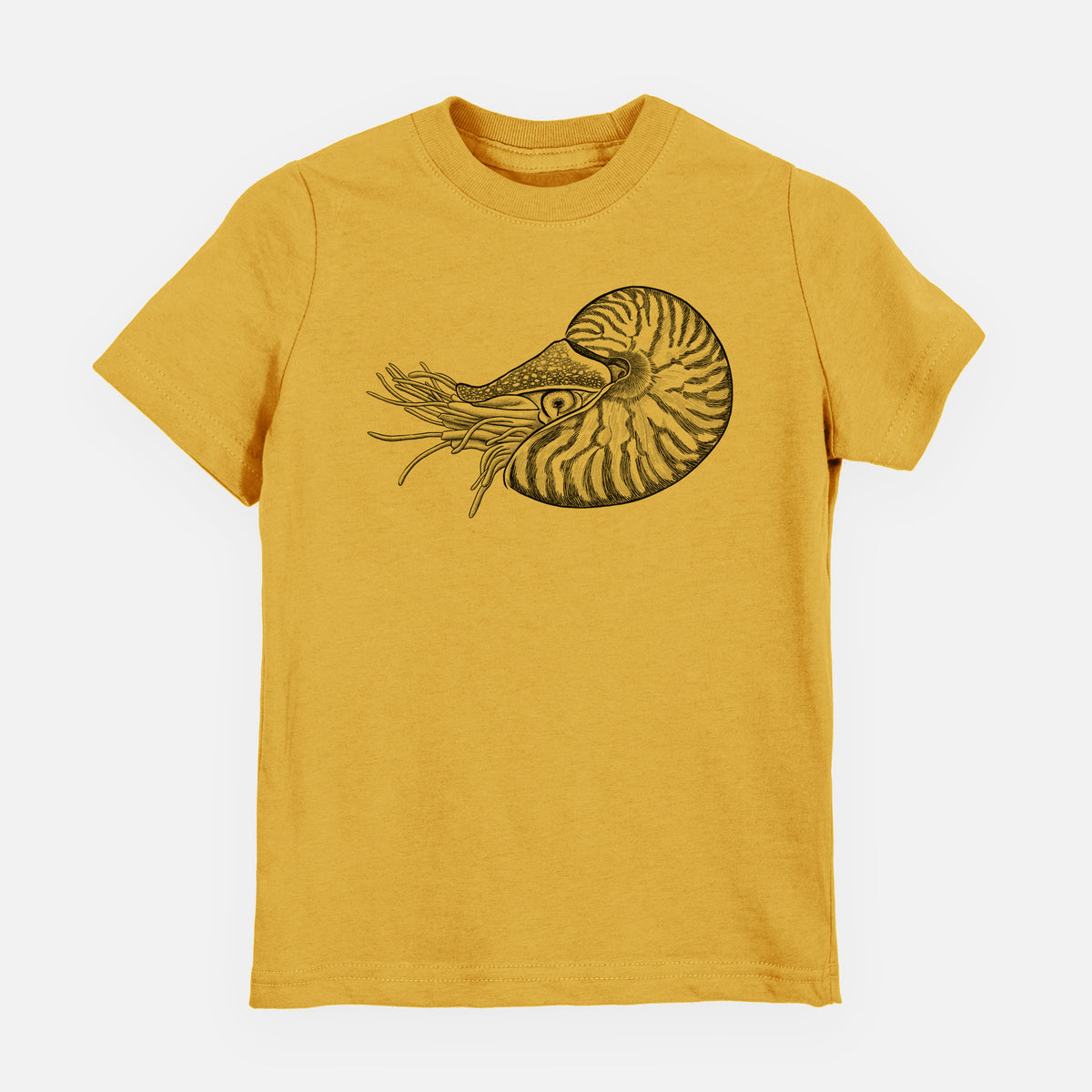 Honeycomb yellow youth t-shirt laid flat, printed with a detailed black ink illustration of a chambered nautilus with its striped spiral shell and tentacles.