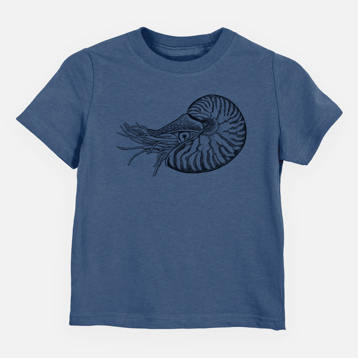 Indigo blue toddler t-shirt laid flat, printed with a detailed black ink illustration of a chambered nautilus with its striped spiral shell and tentacles.