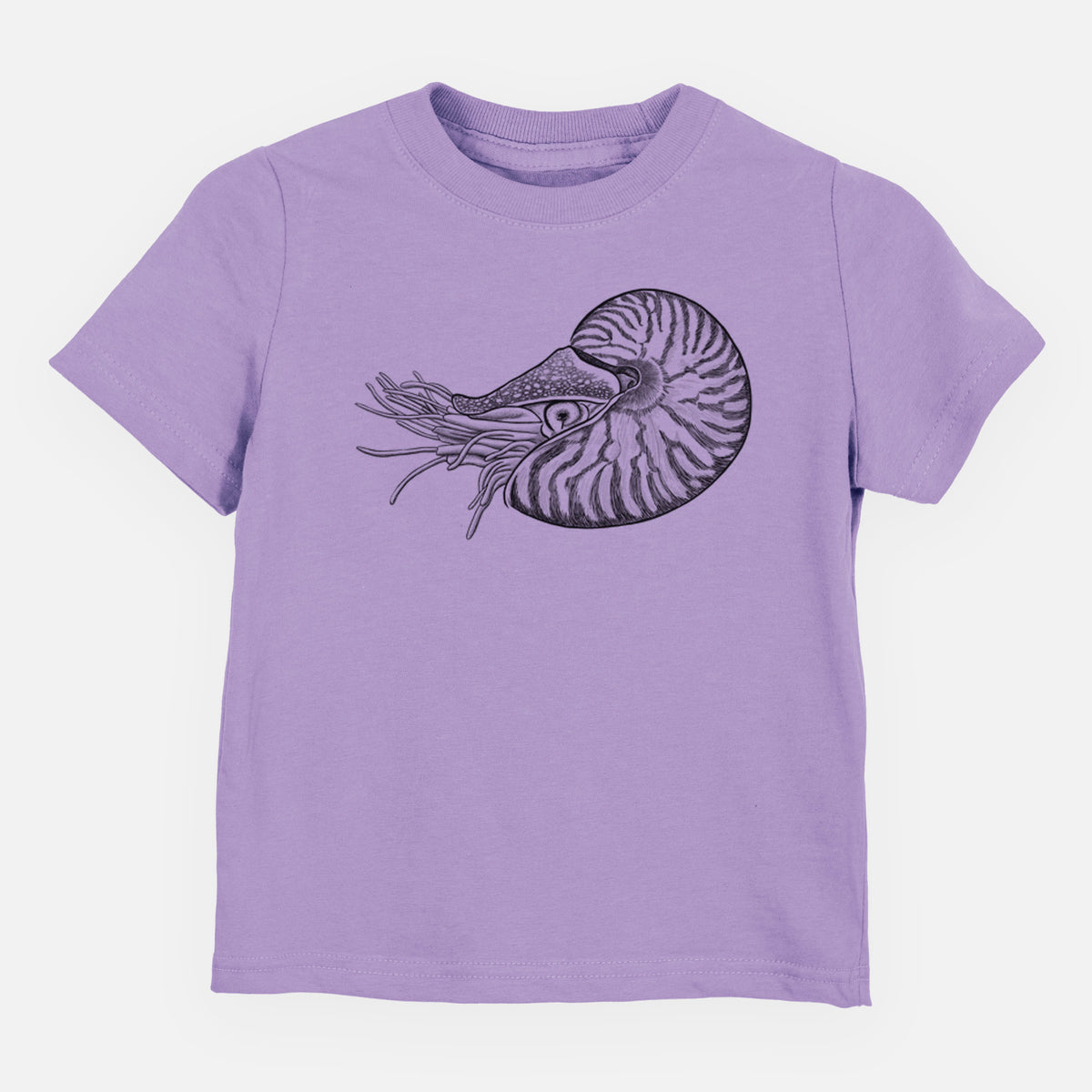 Lavender toddler t-shirt laid flat, printed with a detailed black ink illustration of a chambered nautilus with its striped spiral shell and tentacles.