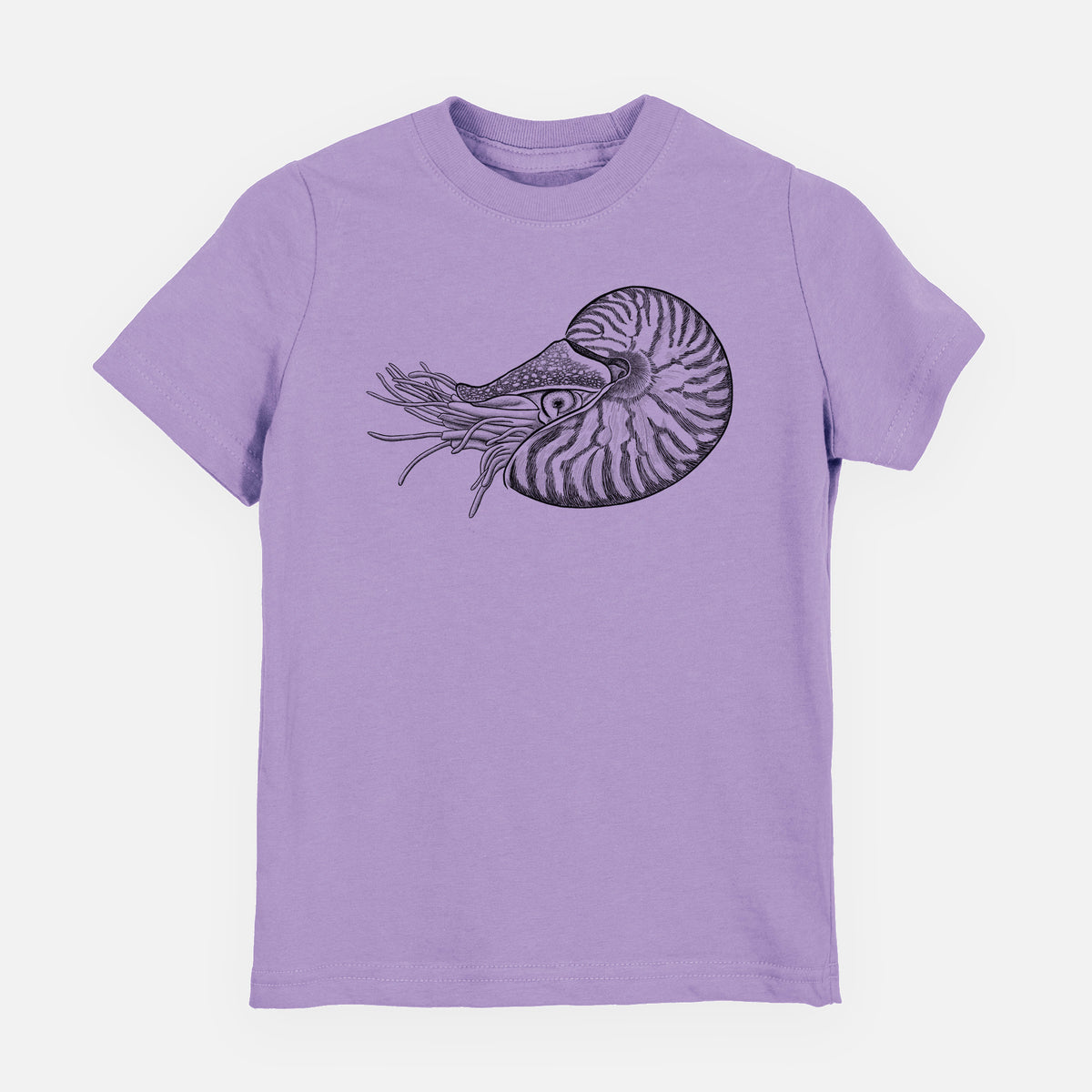 Lavender youth t-shirt laid flat, printed with a detailed black ink illustration of a chambered nautilus with its striped spiral shell and tentacles.
