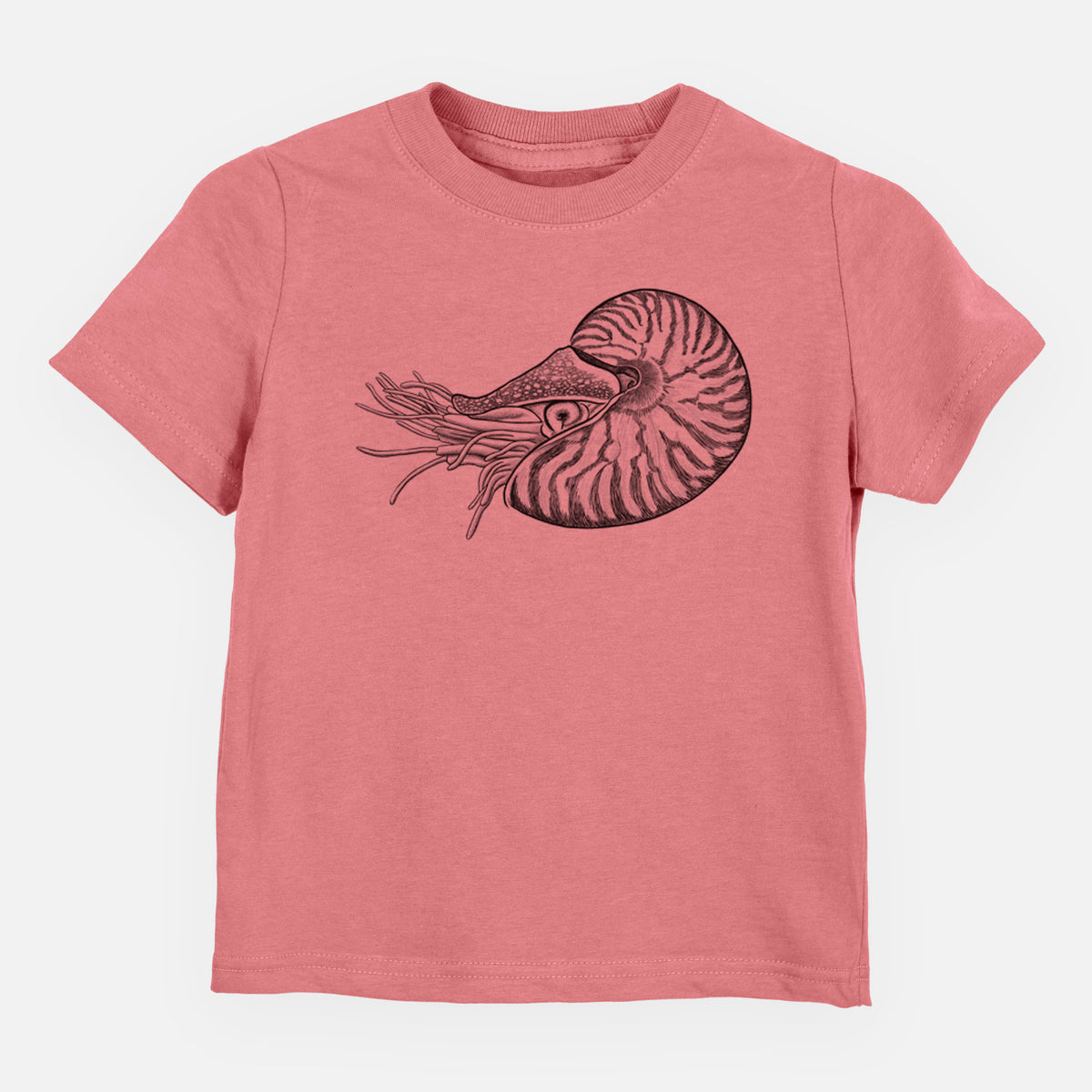 Mauve pink toddler t-shirt laid flat, printed with a detailed black ink illustration of a chambered nautilus with its striped spiral shell and tentacles.