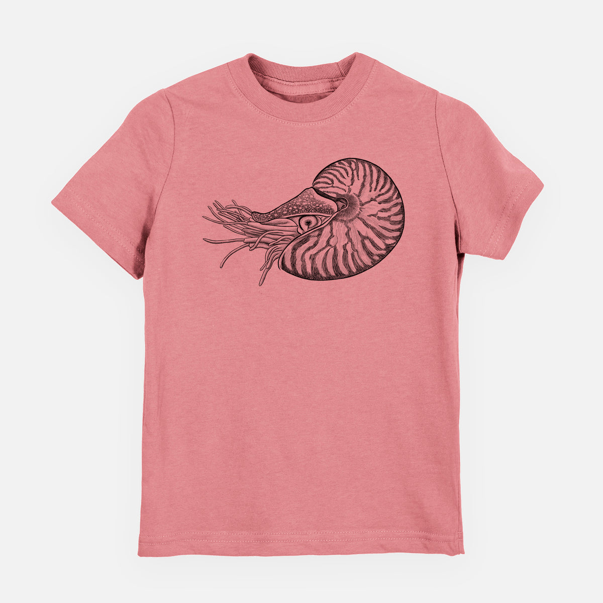 Mauve pink youth t-shirt laid flat, printed with a detailed black ink illustration of a chambered nautilus with its striped spiral shell and tentacles.