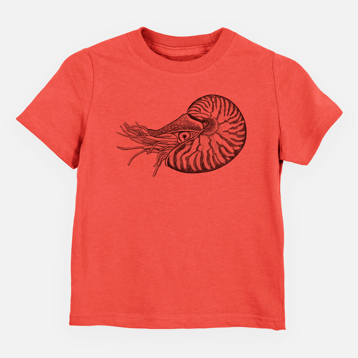 Passionfruit pink toddler t-shirt laid flat, printed with a detailed black ink illustration of a chambered nautilus with its striped spiral shell and tentacles.