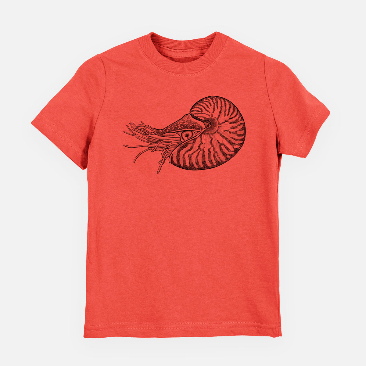 Passionfruit pink youth t-shirt laid flat, printed with a detailed black ink illustration of a chambered nautilus with its striped spiral shell and tentacles.