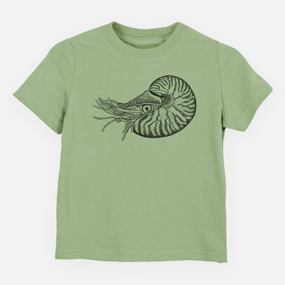 Sage green toddler t-shirt laid flat, printed with a detailed black ink illustration of a chambered nautilus with its striped spiral shell and tentacles.