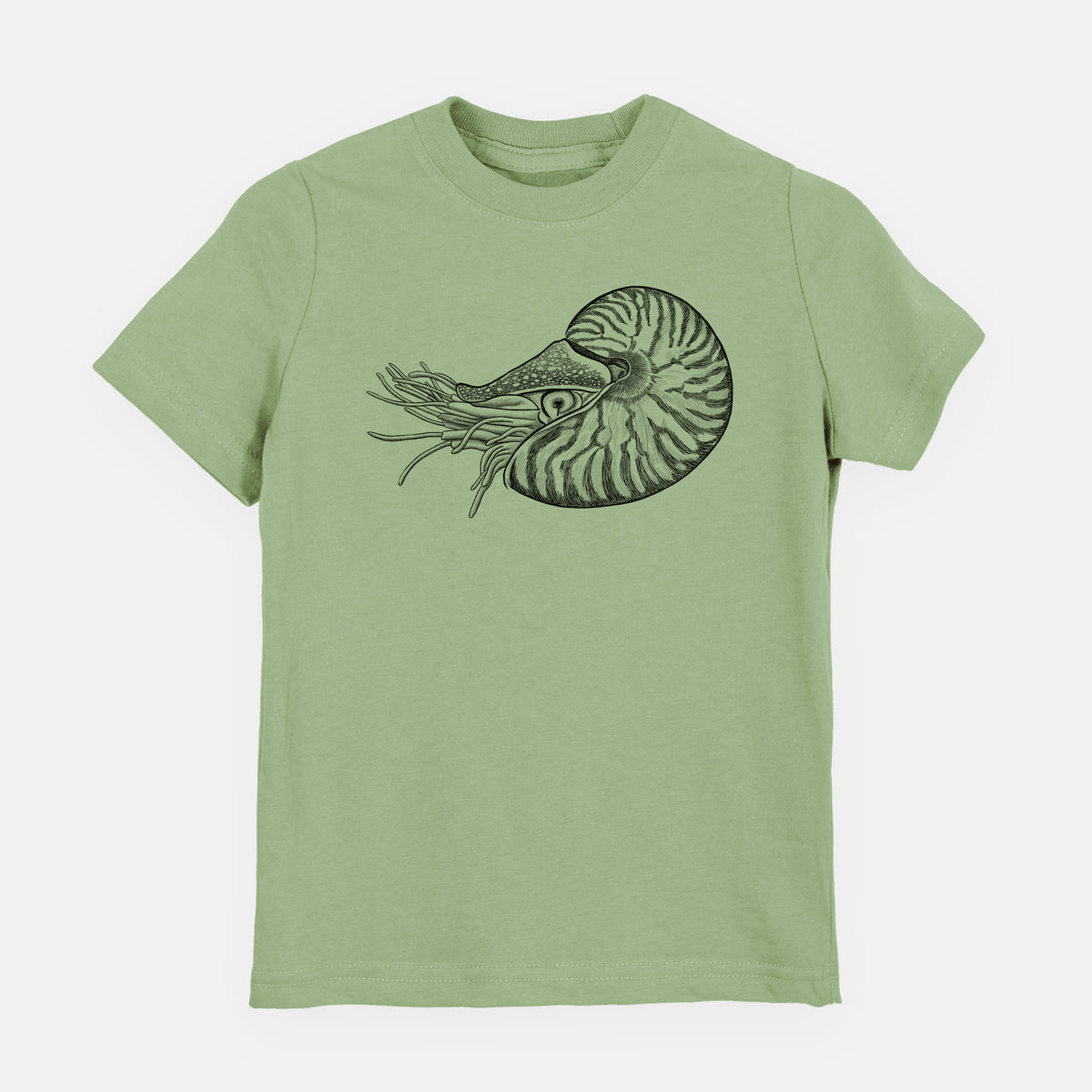 Sage green youth t-shirt laid flat, printed with a detailed black ink illustration of a chambered nautilus with its striped spiral shell and tentacles.