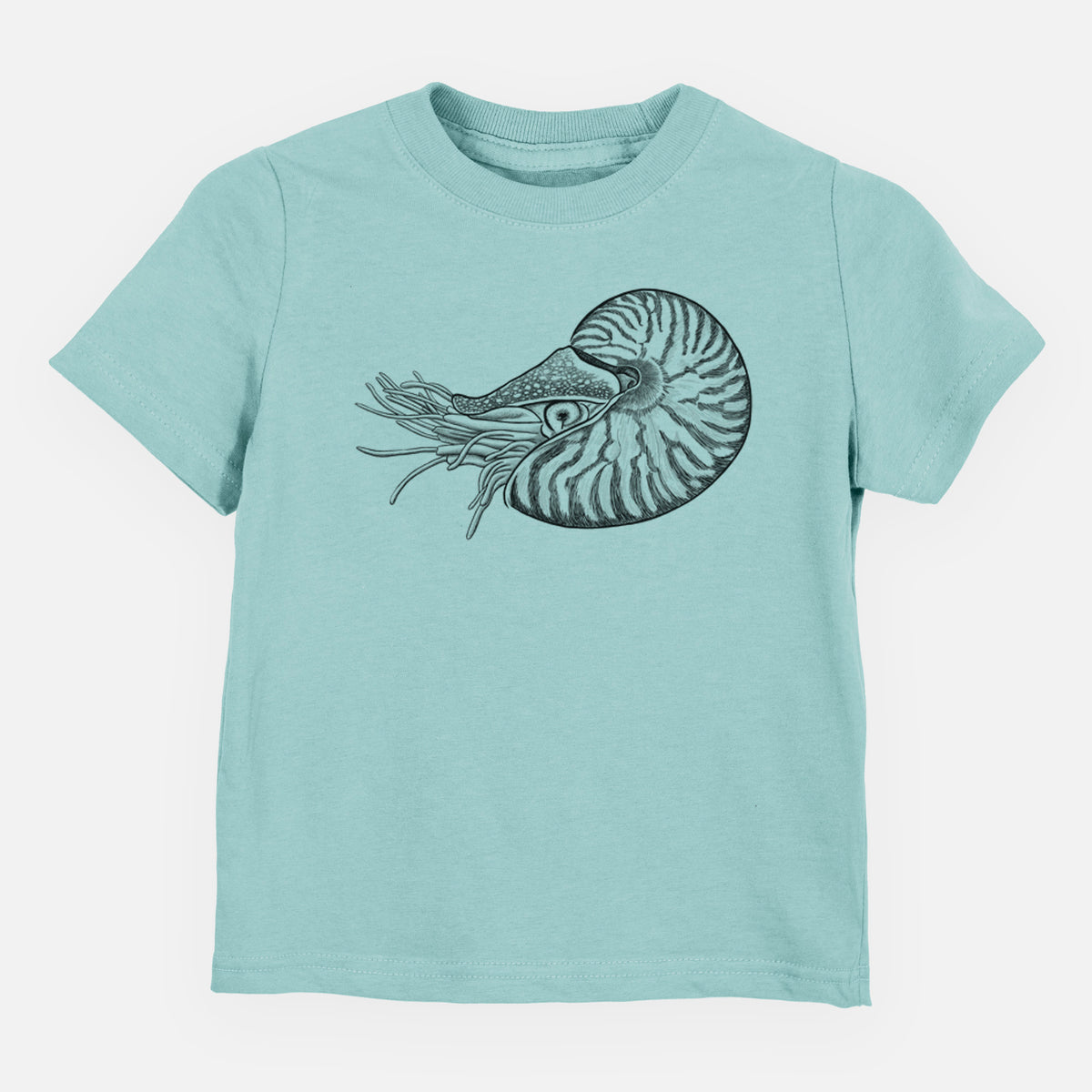 Saltwater toddler t-shirt laid flat, printed with a detailed black ink illustration of a chambered nautilus with its striped spiral shell and tentacles.
