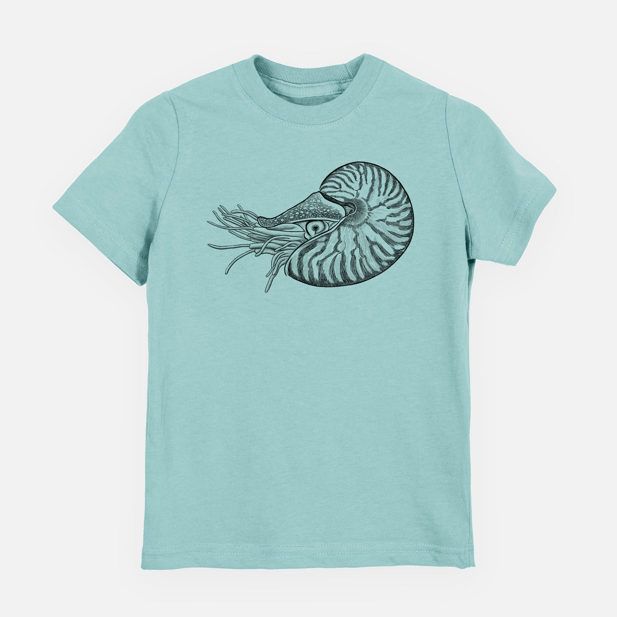 Saltwater youth t-shirt laid flat, printed with a detailed black ink illustration of a chambered nautilus with its striped spiral shell and tentacles.