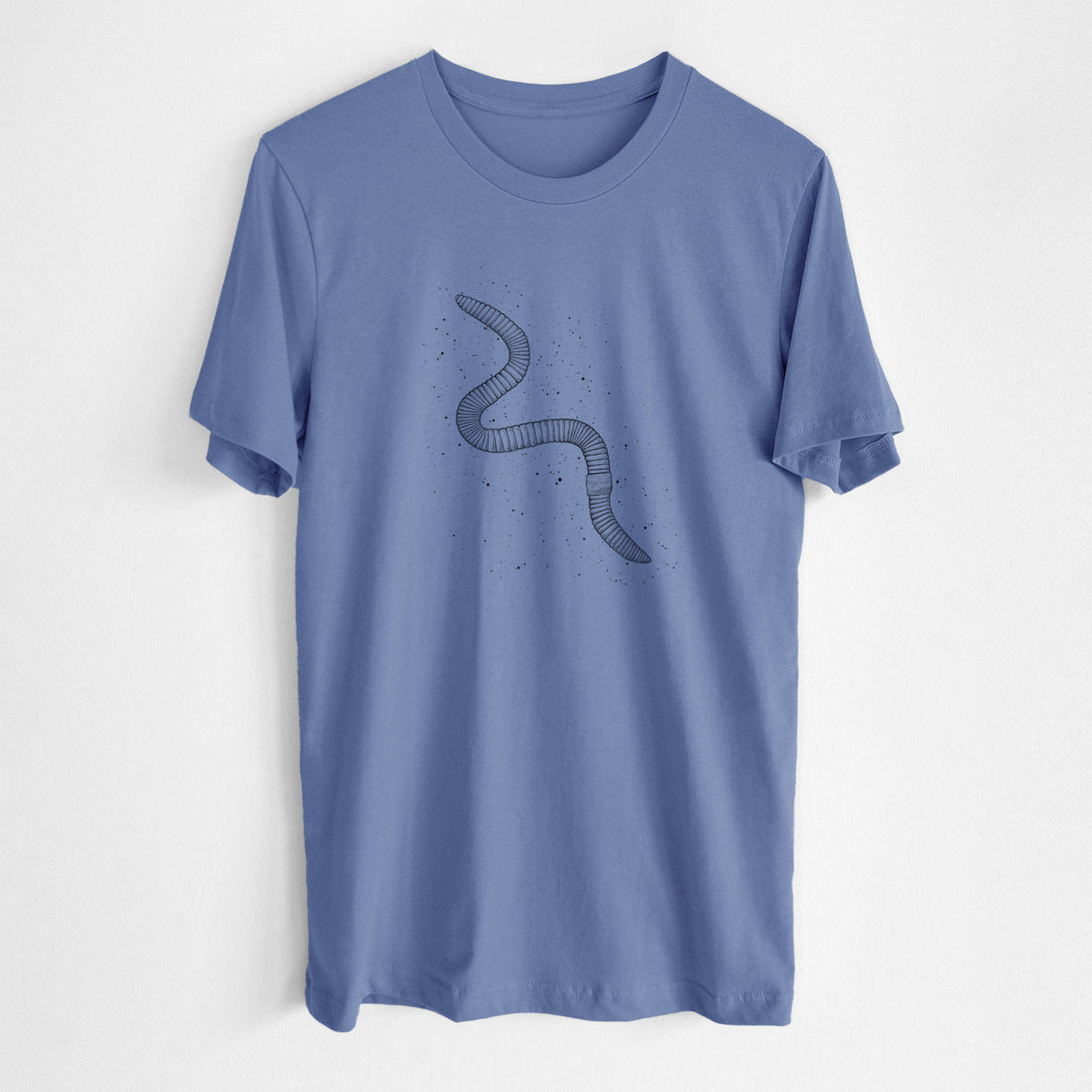 Blue bell lightweight cotton t-shirt laid flat, printed with a black ink illustration of a nightcrawler earthworm with soil specks.