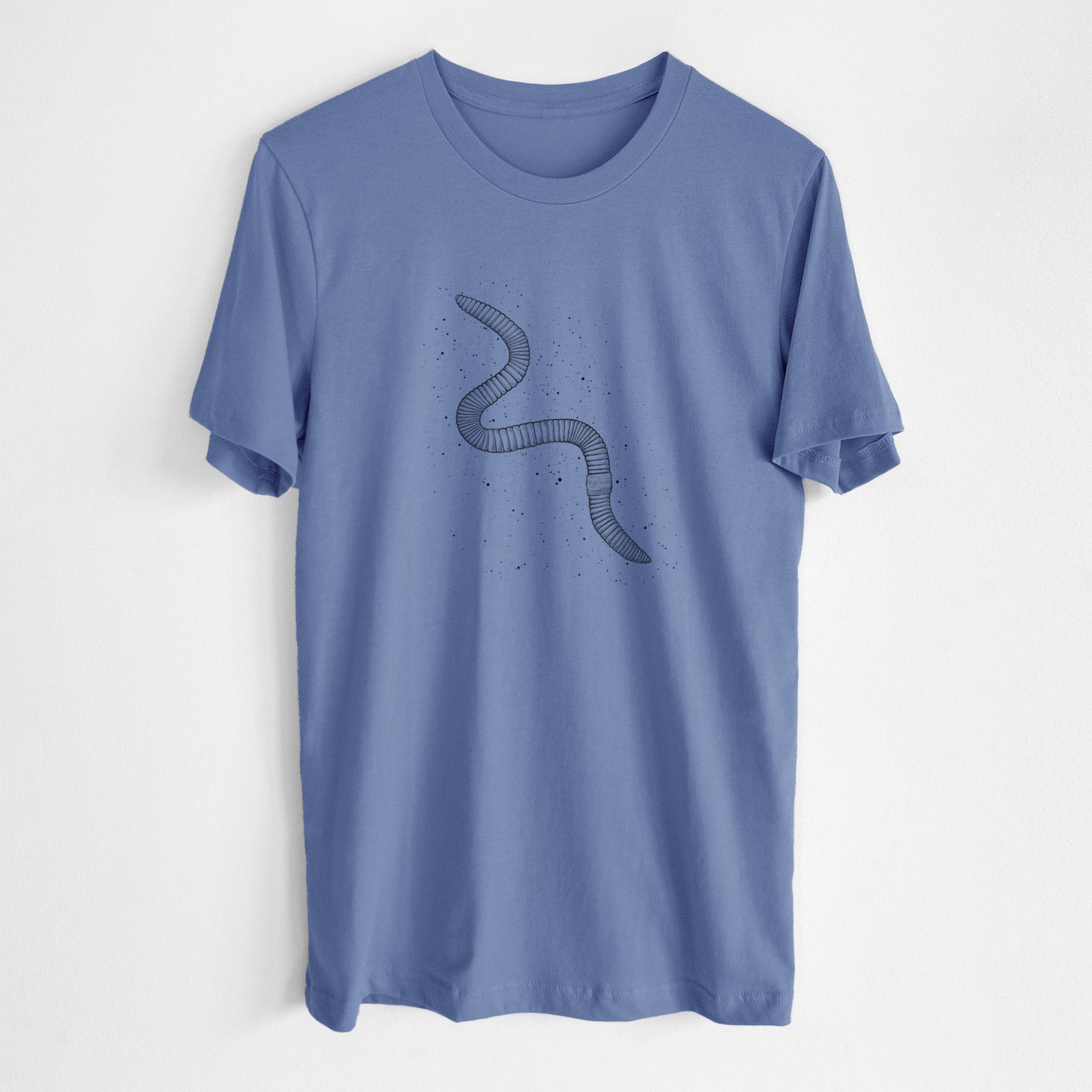 Blue bell lightweight cotton t-shirt laid flat, printed with a black ink illustration of a nightcrawler earthworm with soil specks.