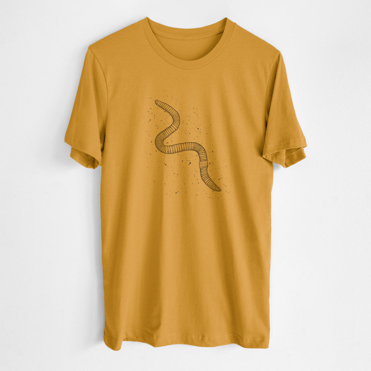 Honeycomb yellow lightweight cotton t-shirt laid flat, printed with a black ink illustration of a nightcrawler earthworm with soil specks.