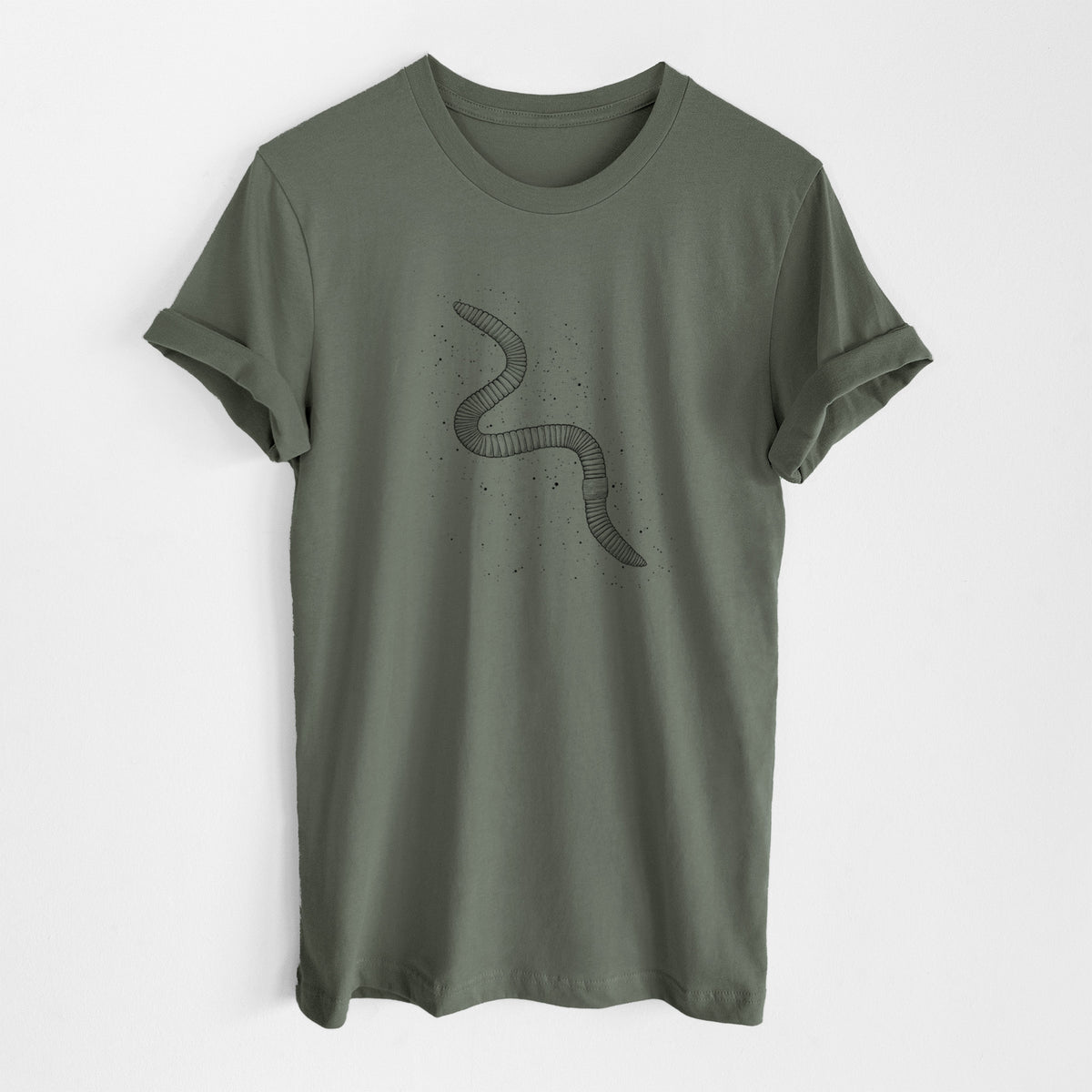 Military green lightweight cotton t-shirt laid flat, printed with a black ink illustration of a nightcrawler earthworm with soil specks.