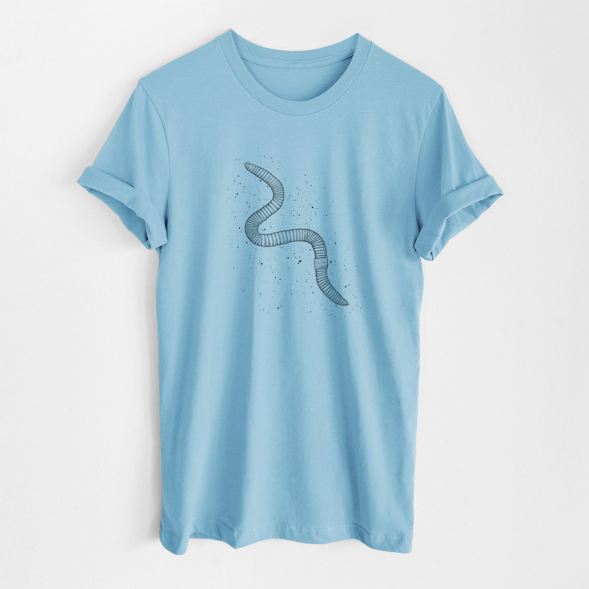 Ocean blue lightweight cotton t-shirt laid flat, printed with a black ink illustration of a nightcrawler earthworm with soil specks.