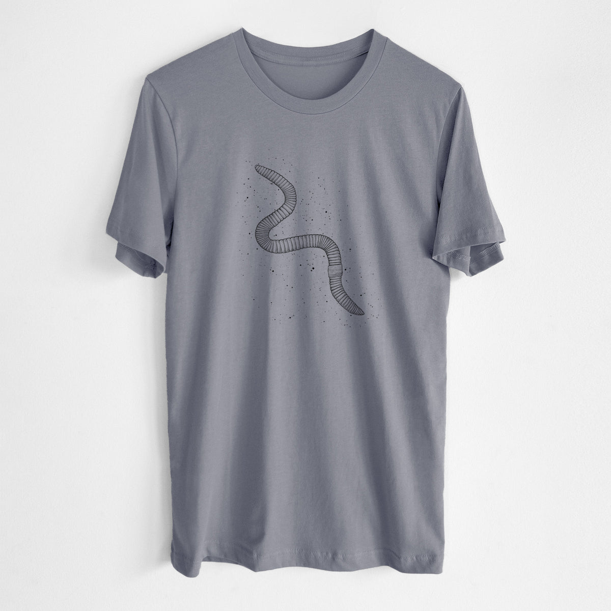 Storm grey lightweight cotton t-shirt laid flat, printed with a black ink illustration of a nightcrawler earthworm with soil specks.