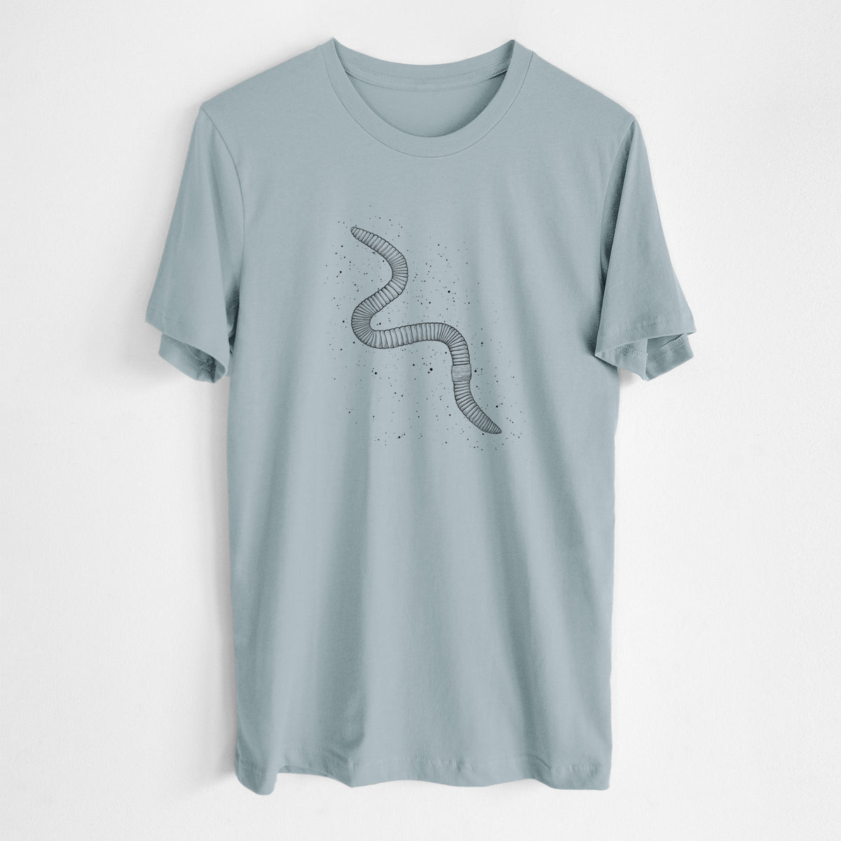 Vintage denim lightweight cotton t-shirt laid flat, printed with a black ink illustration of a nightcrawler earthworm with soil specks.