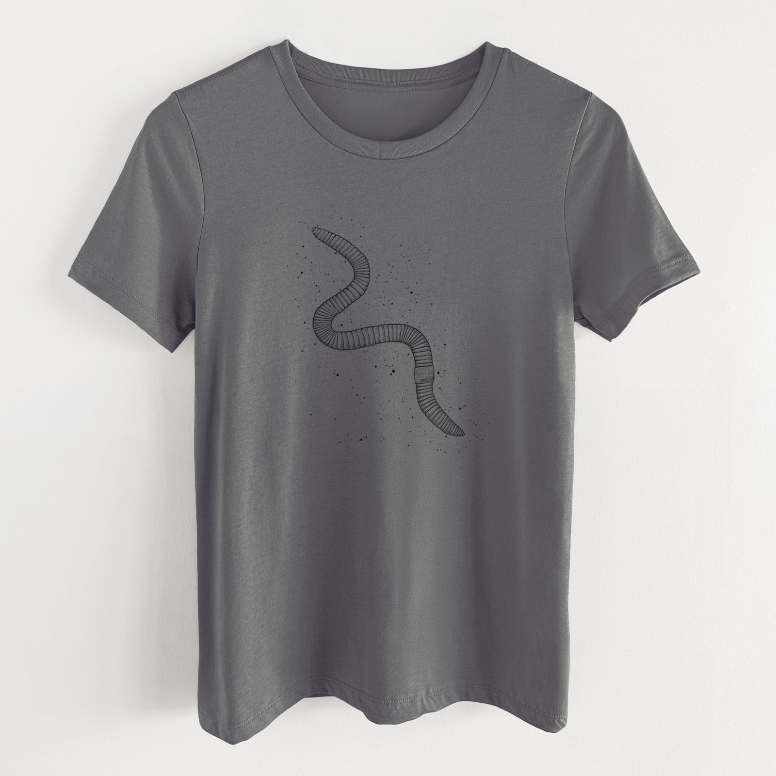 Asphalt women's relaxed fit cotton t-shirt laid flat, printed with a black ink illustration of a nightcrawler earthworm with soil specks.