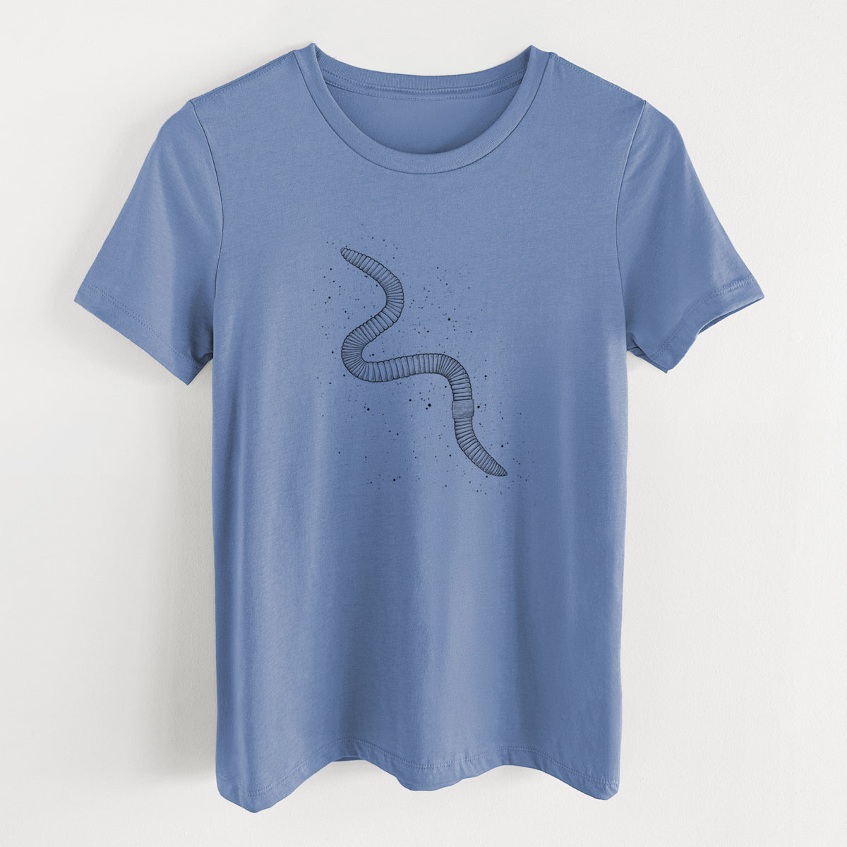 Blue bell women's relaxed fit cotton t-shirt laid flat, printed with a black ink illustration of a nightcrawler earthworm with soil specks.