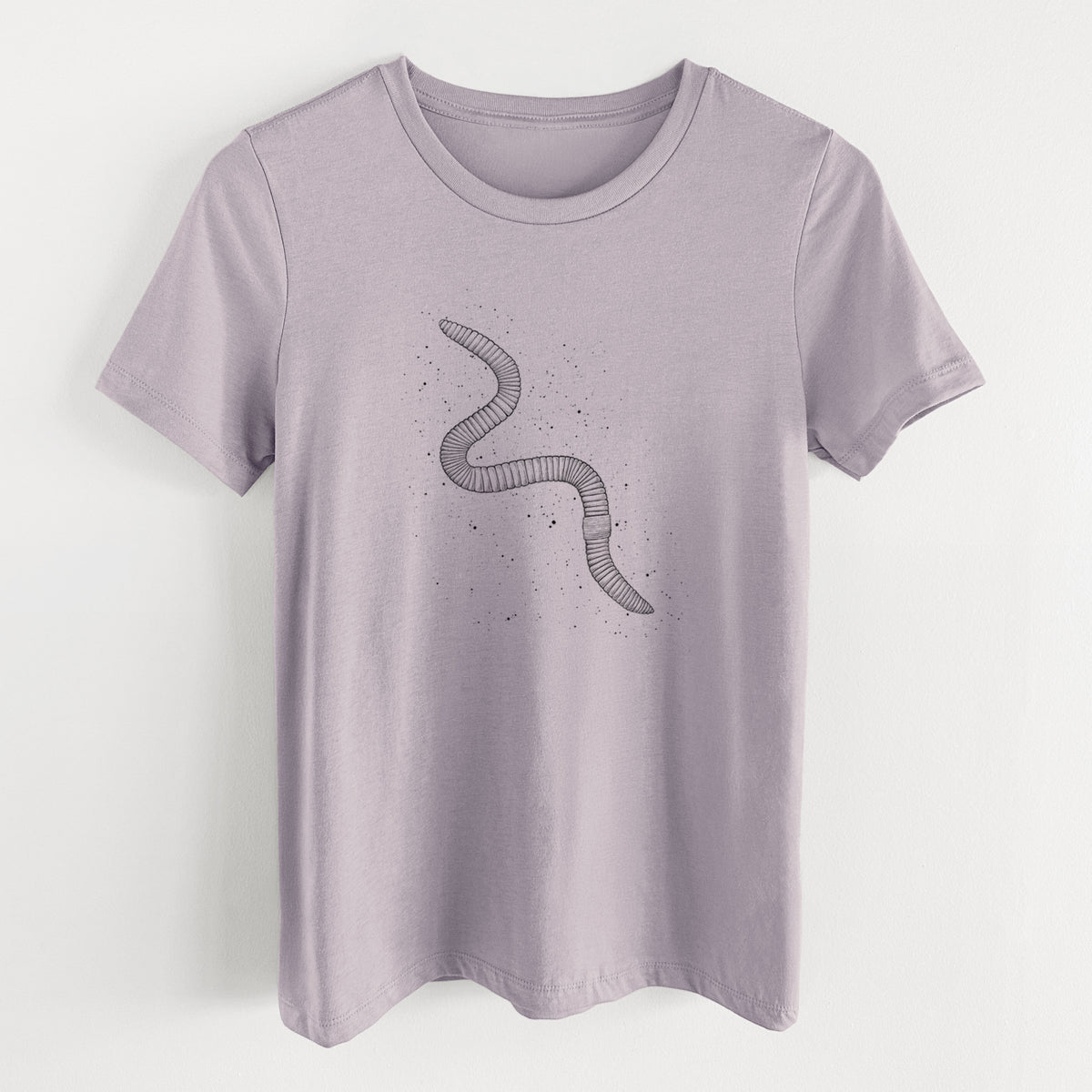 Light violet women's relaxed fit cotton t-shirt laid flat, printed with a black ink illustration of a nightcrawler earthworm with soil specks.