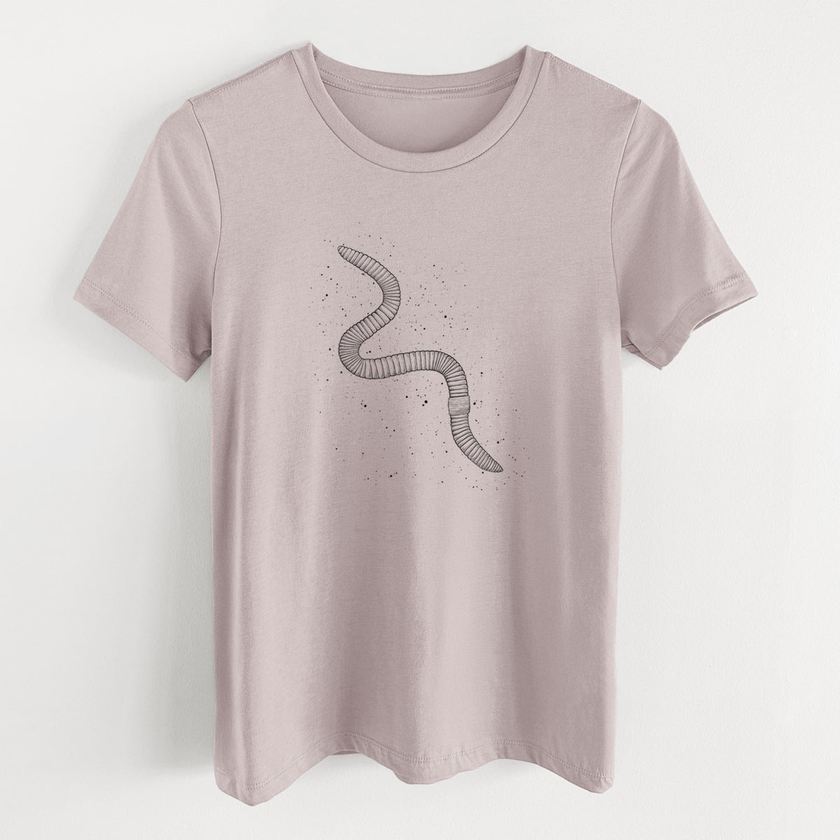 Pink gravel women's relaxed fit cotton t-shirt laid flat, printed with a black ink illustration of a nightcrawler earthworm with soil specks.