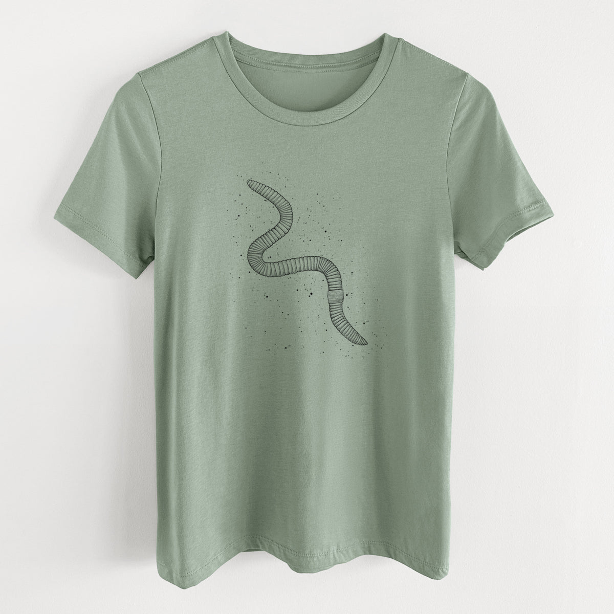 Sage green women's relaxed fit cotton t-shirt laid flat, printed with a black ink illustration of a nightcrawler earthworm with soil specks.