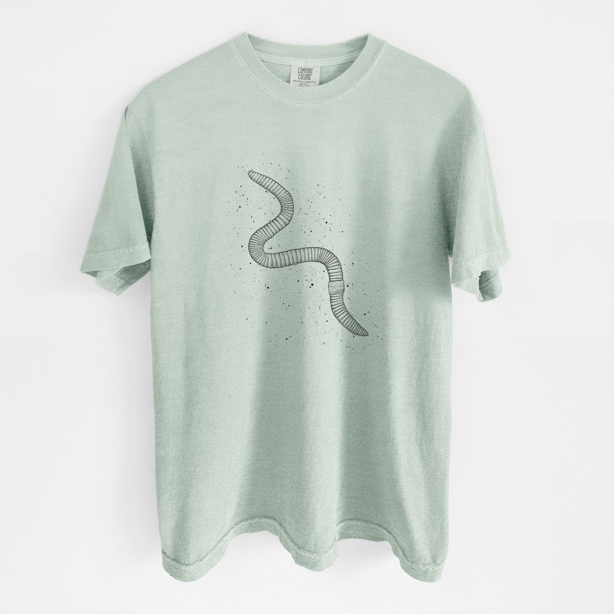 Bay green Comfort Colors t-shirt laid flat, printed with a black ink illustration of a nightcrawler earthworm with soil specks.