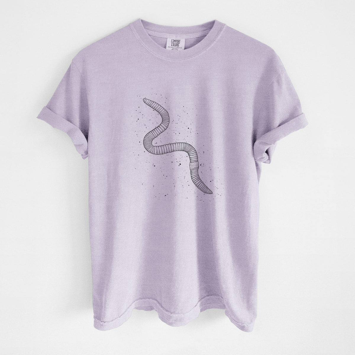 Orchid purple Comfort Colors t-shirt laid flat, printed with a black ink illustration of a nightcrawler earthworm with soil specks.