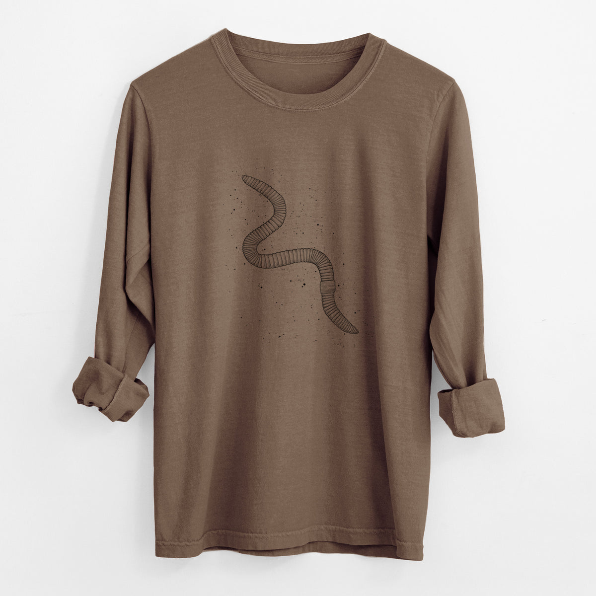 Espresso brown Comfort Colors long sleeve shirt laid flat with the cuffs rolled, printed with a black ink illustration of a nightcrawler earthworm with soil specks.