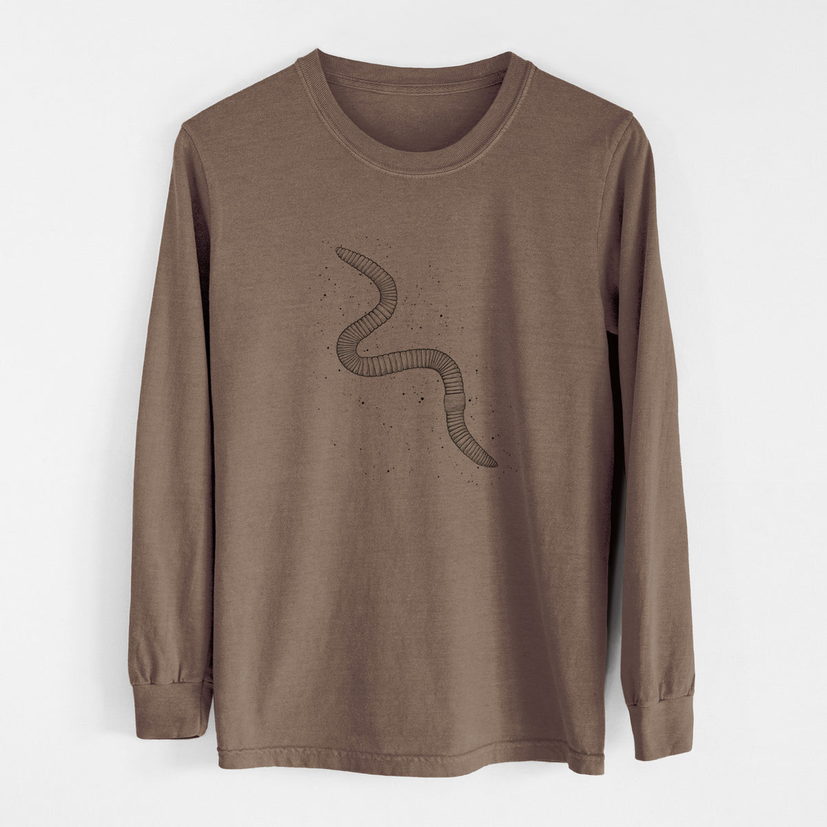 Espresso brown Comfort Colors long sleeve shirt laid flat, printed with a black ink illustration of a nightcrawler earthworm with soil specks.