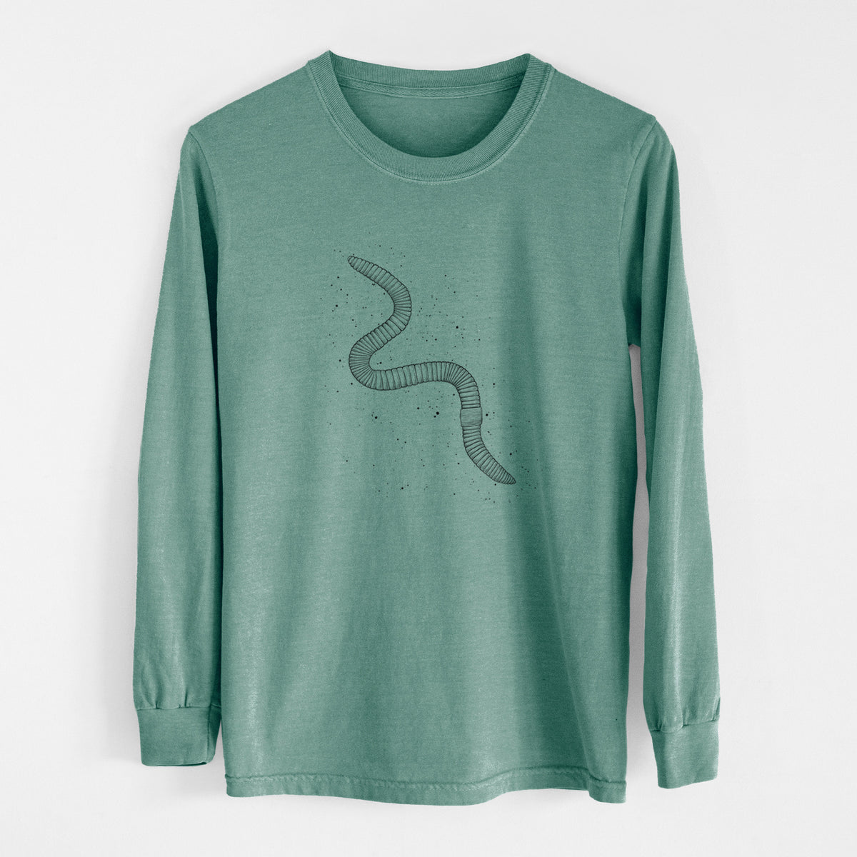 Pine green Comfort Colors long sleeve shirt laid flat, printed with a black ink illustration of a nightcrawler earthworm with soil specks.