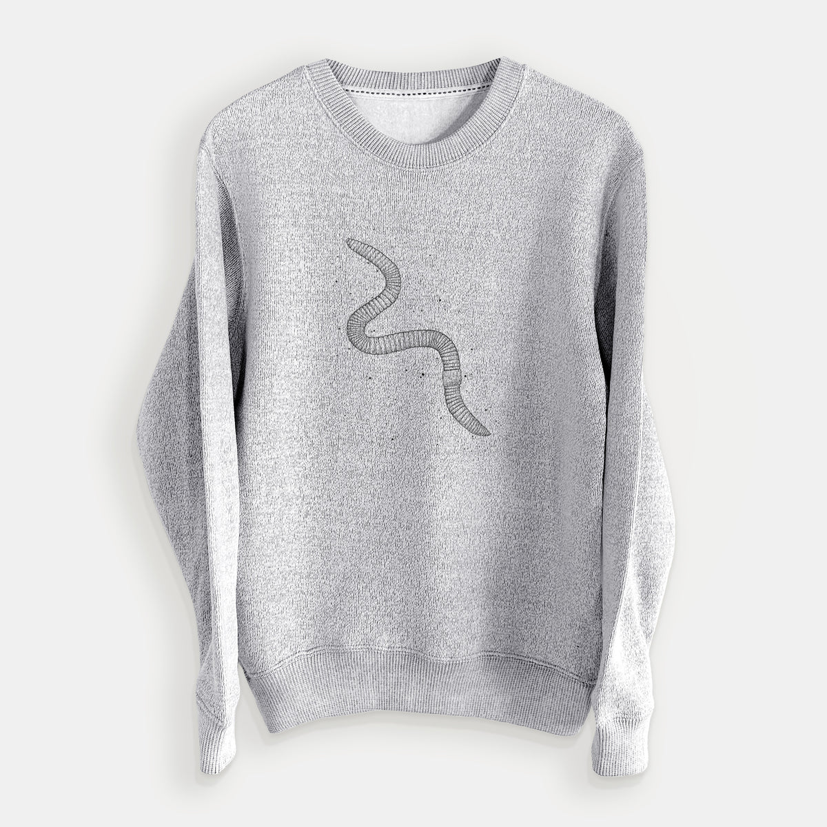 Salt and pepper knit sweatshirt laid flat, printed with a black ink illustration of a nightcrawler earthworm with soil specks.