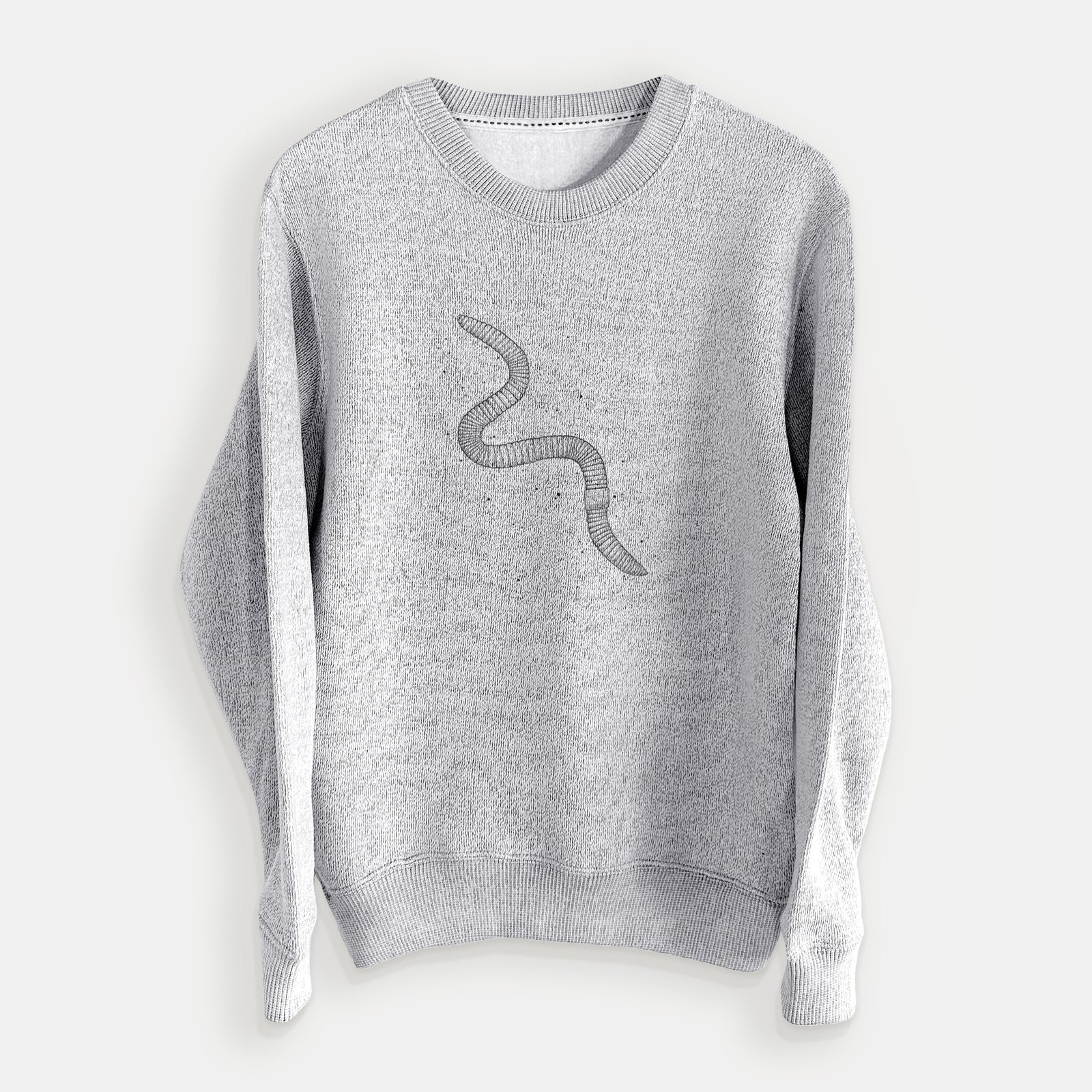 Salt and pepper knit sweatshirt laid flat, printed with a black ink illustration of a nightcrawler earthworm with soil specks.