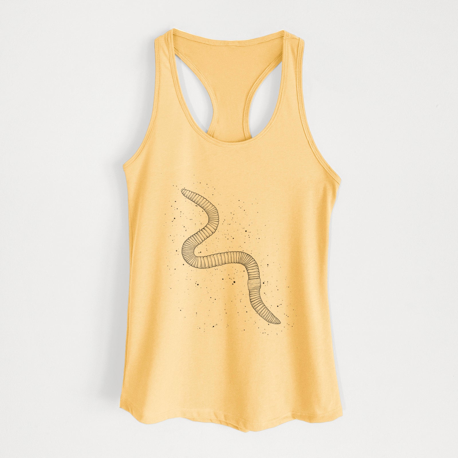 Banana cream women's racerback tank top laid flat, printed with a black ink illustration of a nightcrawler earthworm with soil specks.