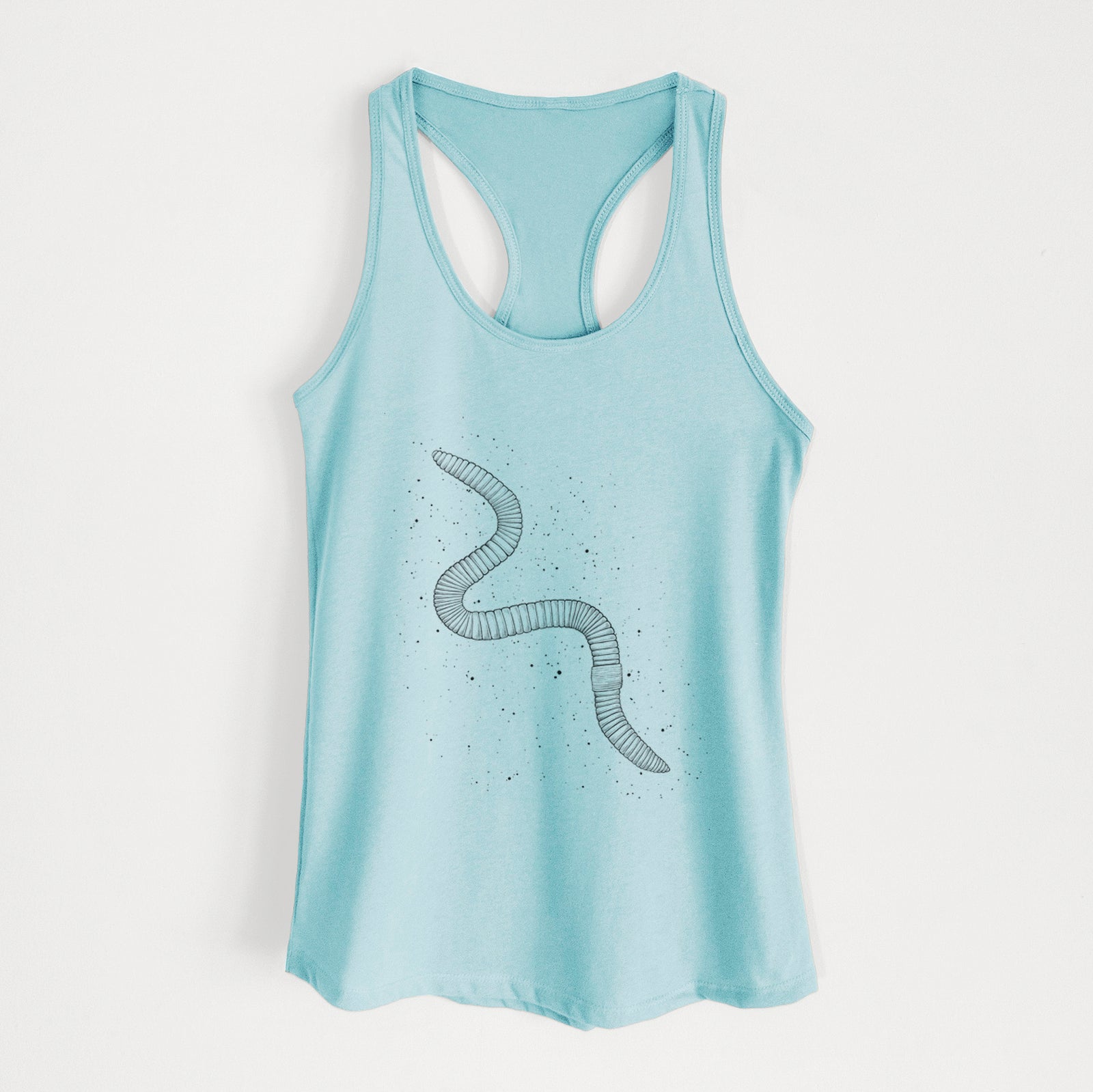 Banana cream women's racerback tank top laid flat, printed with a black ink illustration of a nightcrawler earthworm with soil specks.